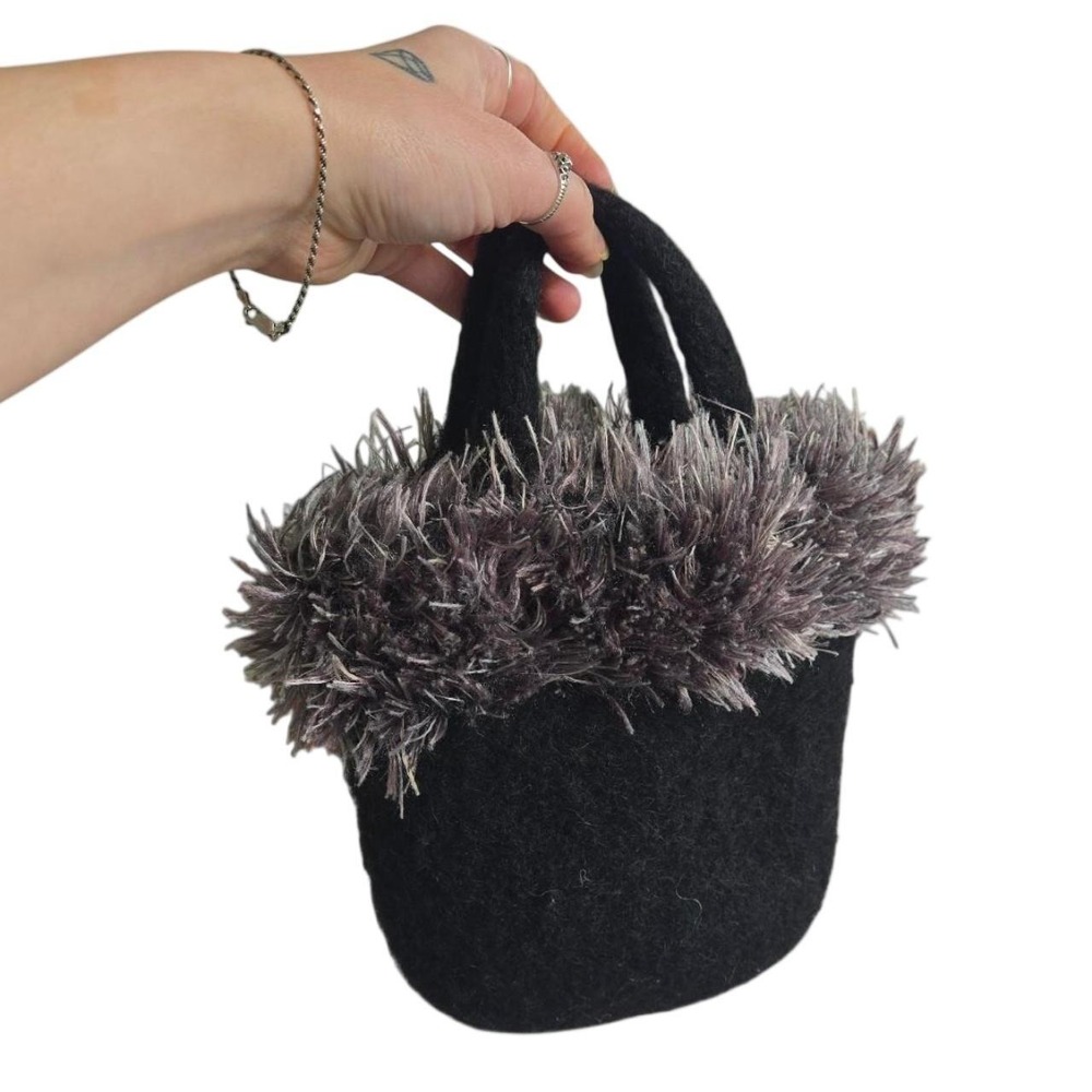 Whimsigoth felted wool mini purse w/ fuzzy trim / handmade alt witchy handbag
